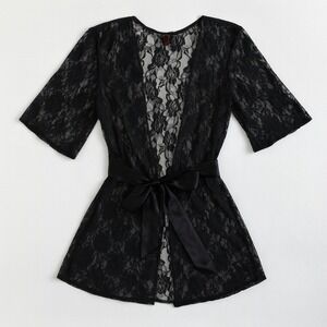 Lace Kimono Robe Black Floral Satin‎ Tie Short Sleeve Sheer Cover Up